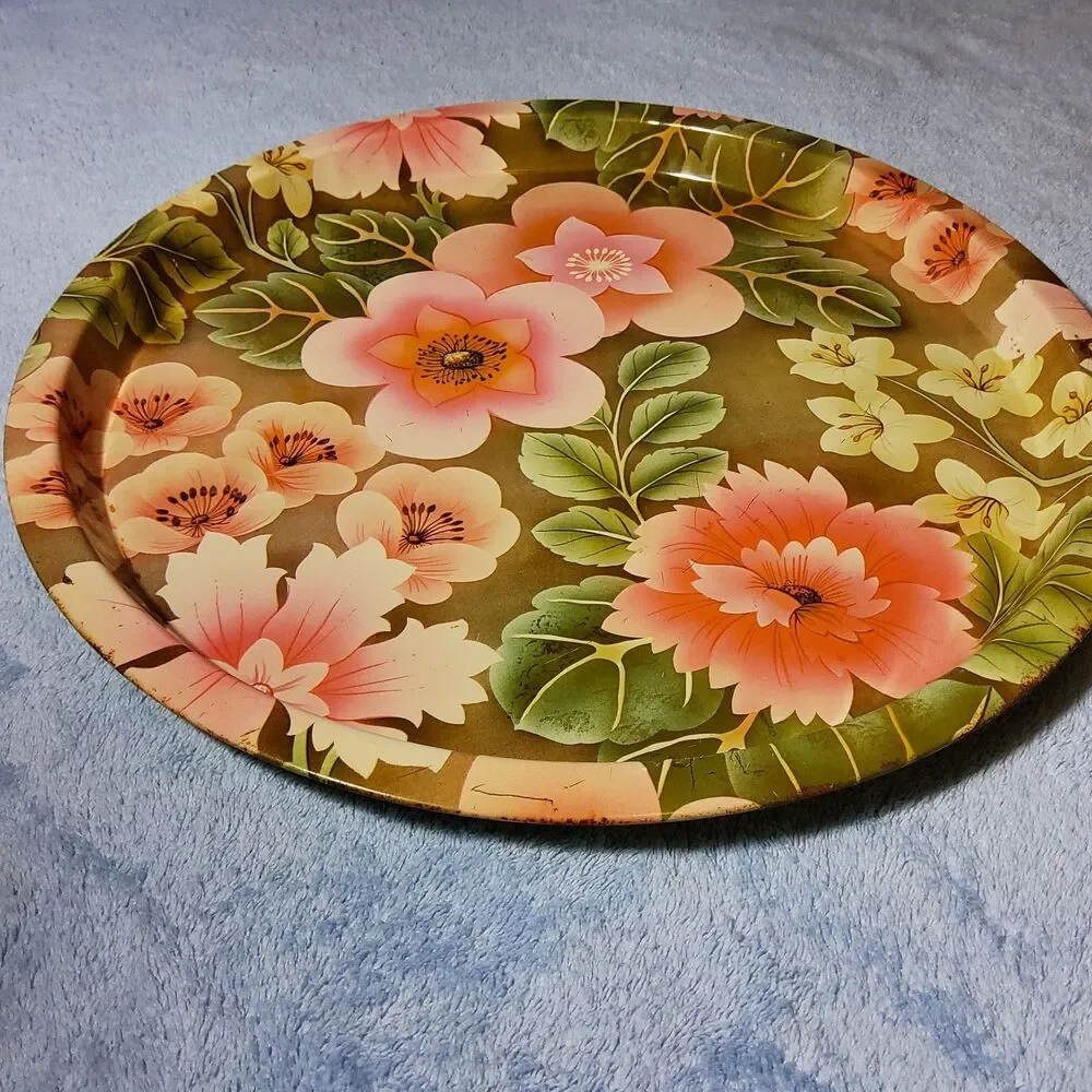 Vintage Elite Trays Metal Tray Mfg Co London Pink Floral Tin Serving Tray 12.5